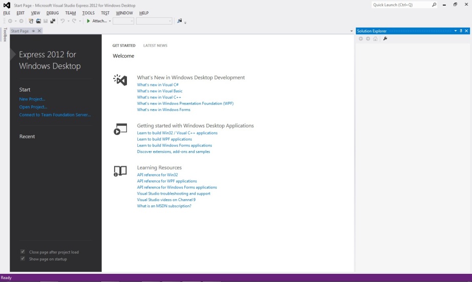 Visual Studio 2012 start page
